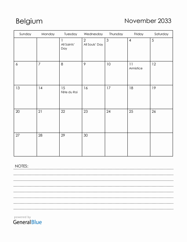 November 2033 Belgium Calendar with Holidays (Sunday Start)