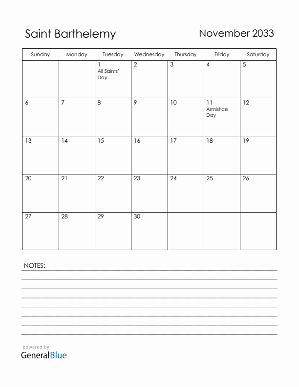 November 2033 Saint Barthelemy Calendar with Holidays (Sunday Start)