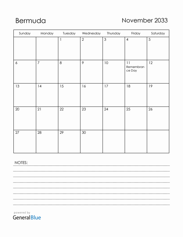November 2033 Bermuda Calendar with Holidays (Sunday Start)