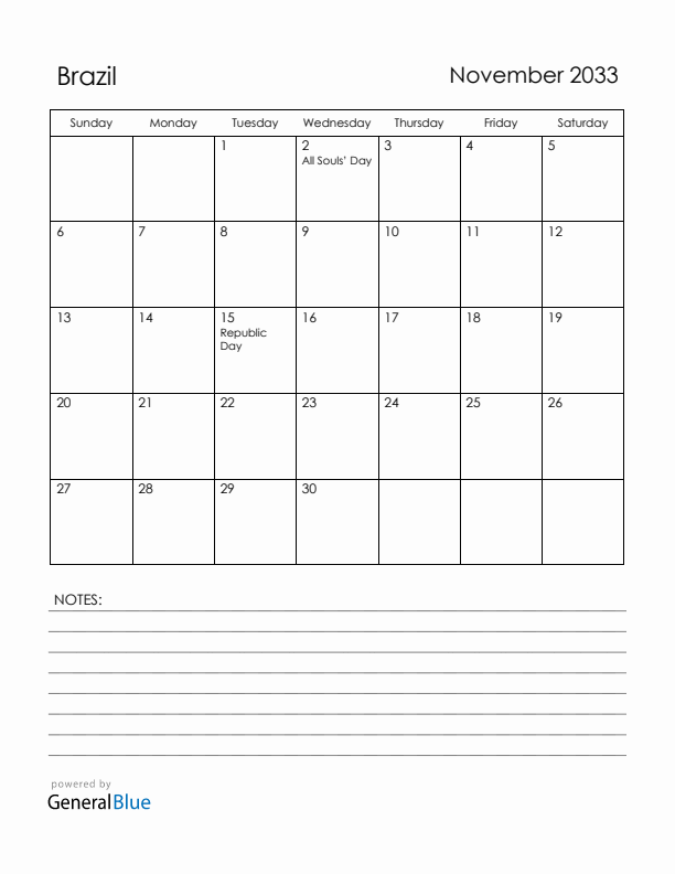 November 2033 Brazil Calendar with Holidays (Sunday Start)