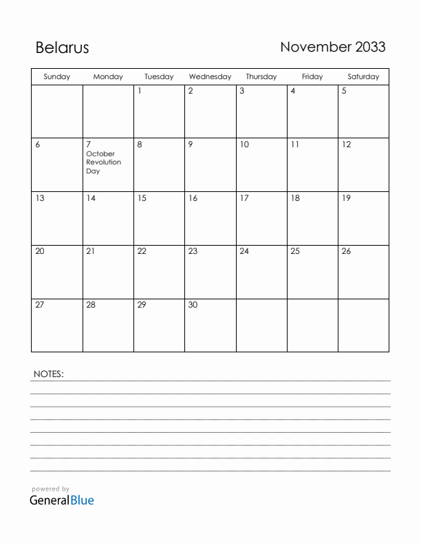 November 2033 Belarus Calendar with Holidays (Sunday Start)