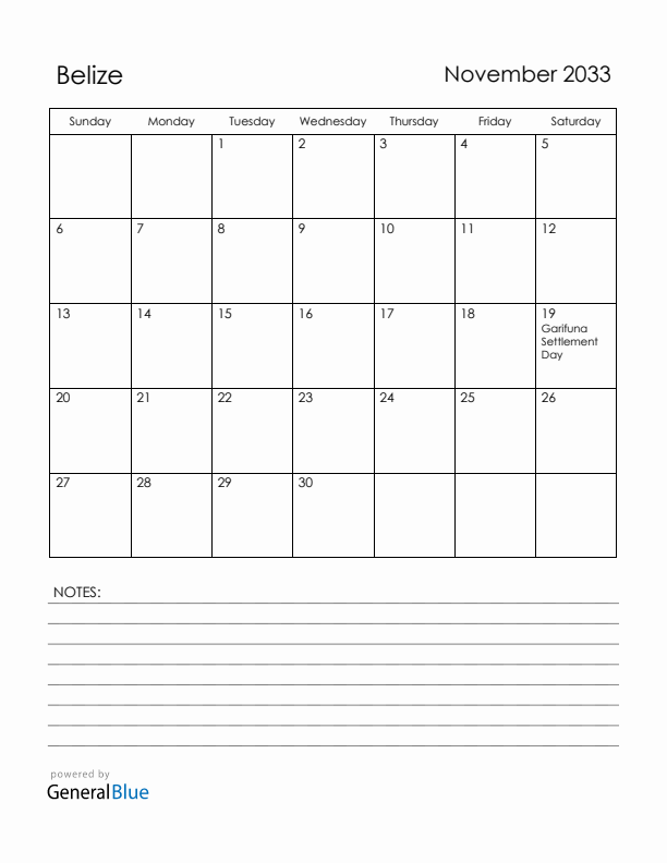 November 2033 Belize Calendar with Holidays (Sunday Start)