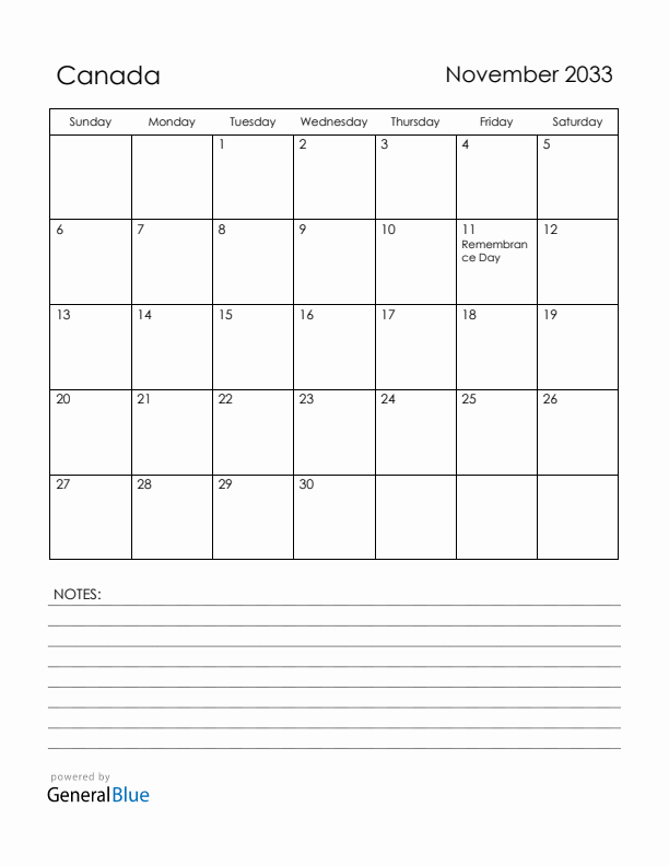 November 2033 Canada Calendar with Holidays (Sunday Start)