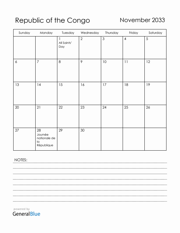 November 2033 Republic of the Congo Calendar with Holidays (Sunday Start)