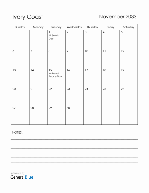 November 2033 Ivory Coast Calendar with Holidays (Sunday Start)
