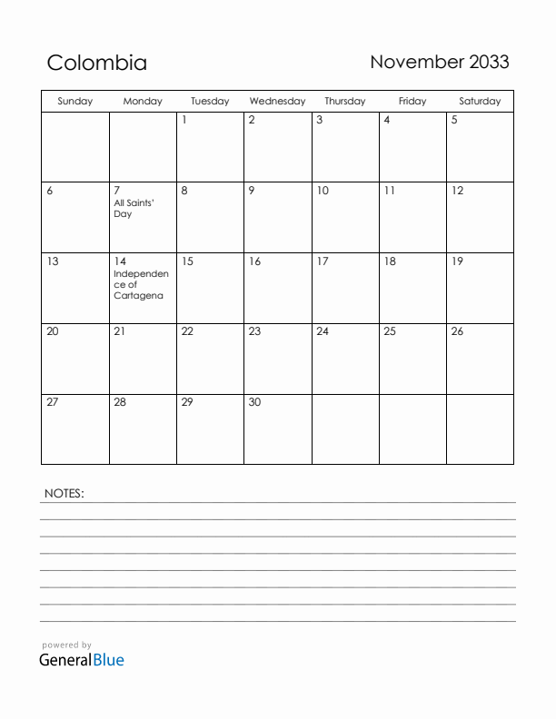 November 2033 Colombia Calendar with Holidays (Sunday Start)