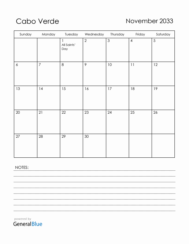 November 2033 Cabo Verde Calendar with Holidays (Sunday Start)