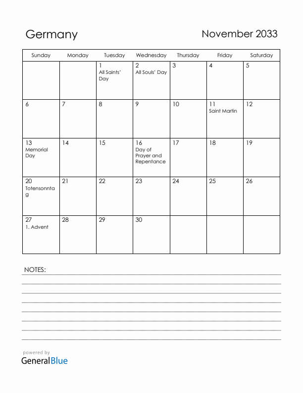 November 2033 Germany Calendar with Holidays (Sunday Start)