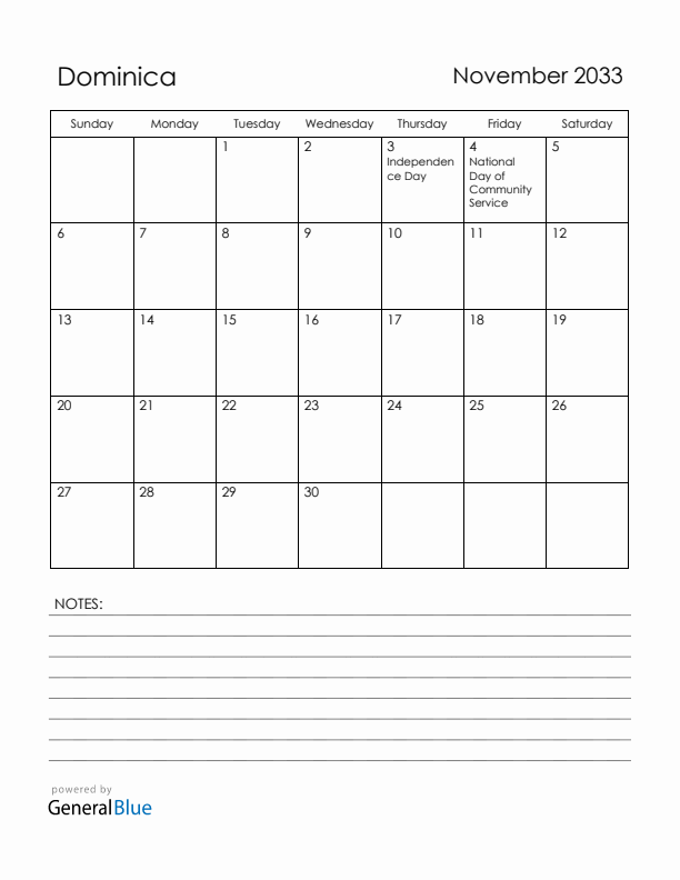 November 2033 Dominica Calendar with Holidays (Sunday Start)