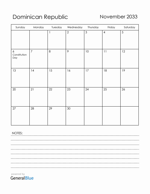 November 2033 Dominican Republic Calendar with Holidays (Sunday Start)