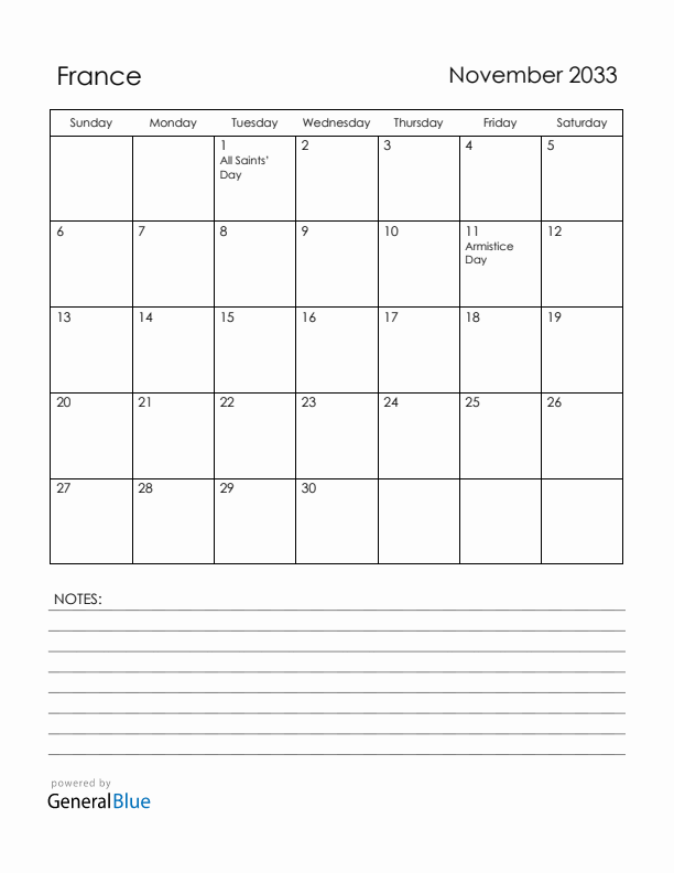 November 2033 France Calendar with Holidays (Sunday Start)