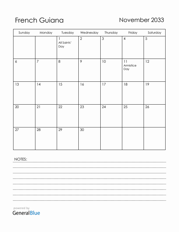 November 2033 French Guiana Calendar with Holidays (Sunday Start)