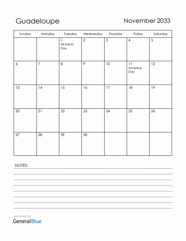 November 2033 Guadeloupe Calendar with Holidays (Sunday Start)