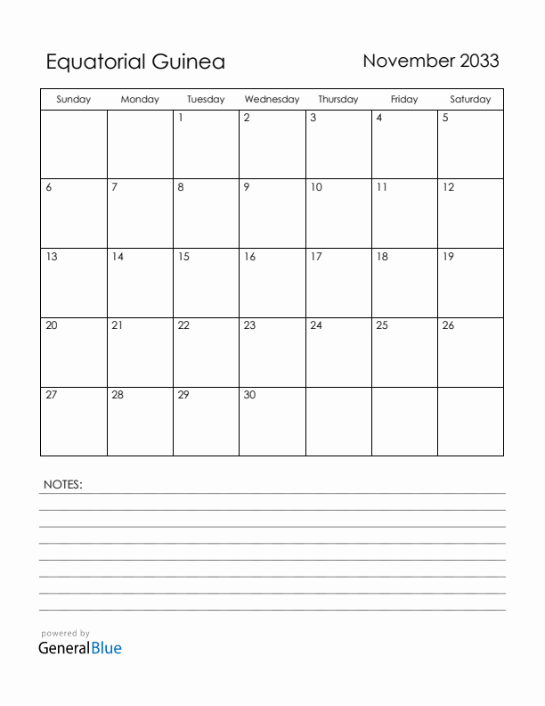 November 2033 Equatorial Guinea Calendar with Holidays (Sunday Start)