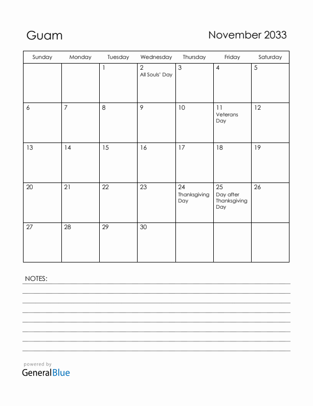 November 2033 Guam Calendar with Holidays (Sunday Start)