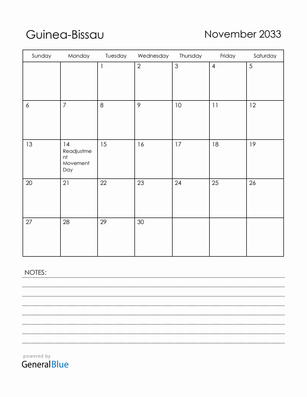 November 2033 Guinea-Bissau Calendar with Holidays (Sunday Start)