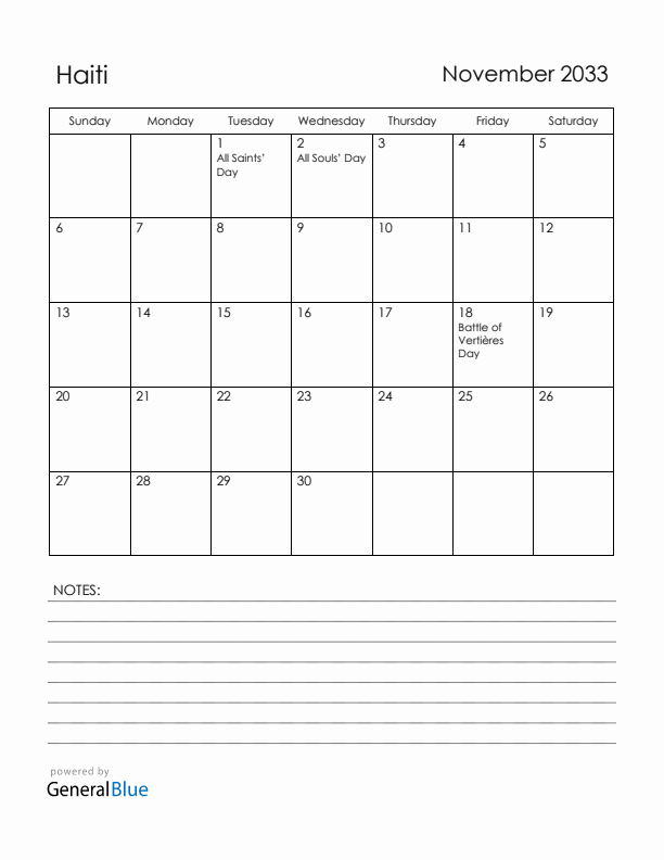 November 2033 Haiti Calendar with Holidays (Sunday Start)