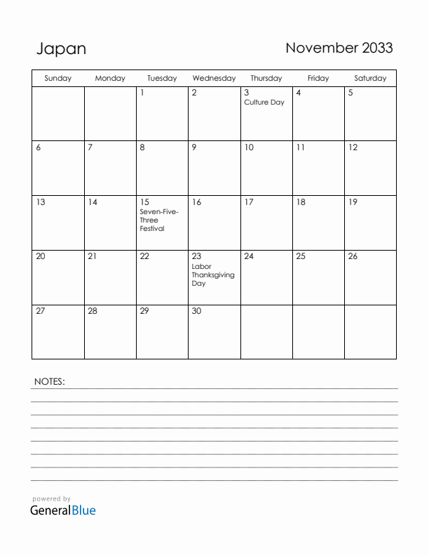 November 2033 Japan Calendar with Holidays (Sunday Start)
