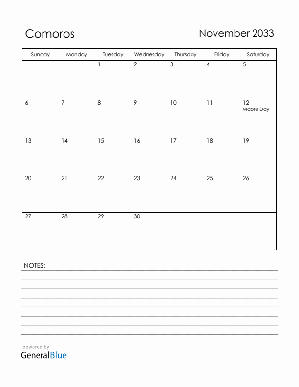 November 2033 Comoros Calendar with Holidays (Sunday Start)