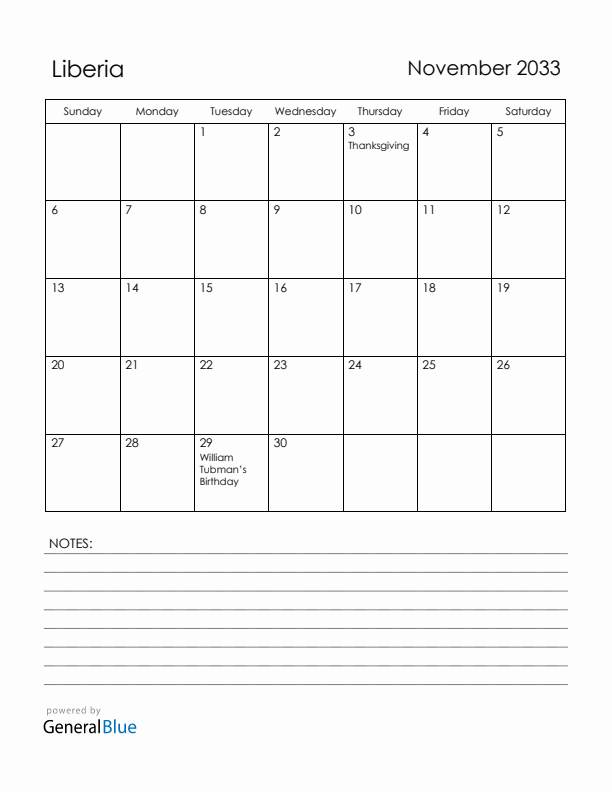 November 2033 Liberia Calendar with Holidays (Sunday Start)