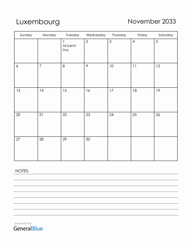November 2033 Luxembourg Calendar with Holidays (Sunday Start)