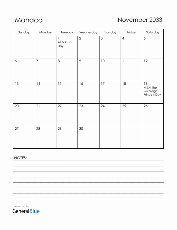 November 2033 Monaco Calendar with Holidays (Sunday Start)