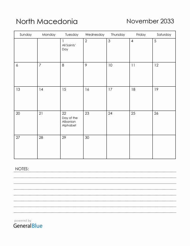 November 2033 North Macedonia Calendar with Holidays (Sunday Start)