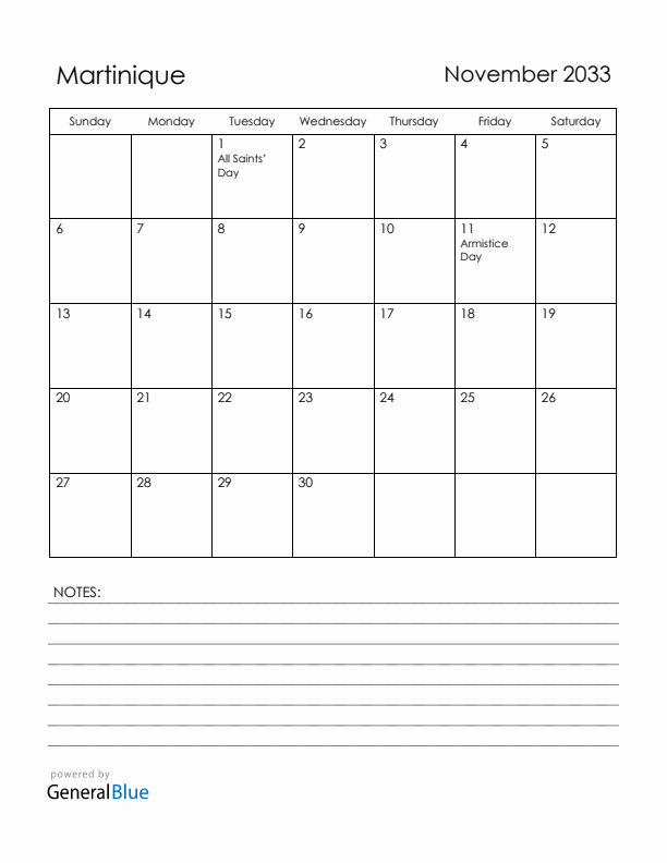 November 2033 Martinique Calendar with Holidays (Sunday Start)