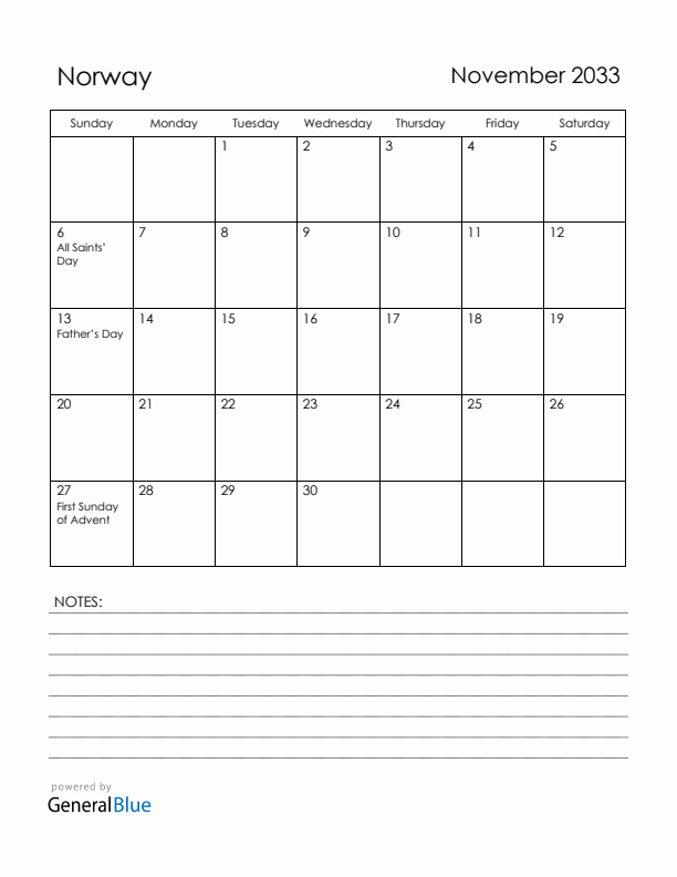 November 2033 Norway Calendar with Holidays (Sunday Start)