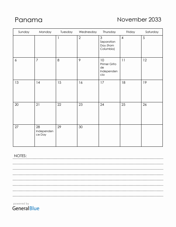 November 2033 Panama Calendar with Holidays (Sunday Start)