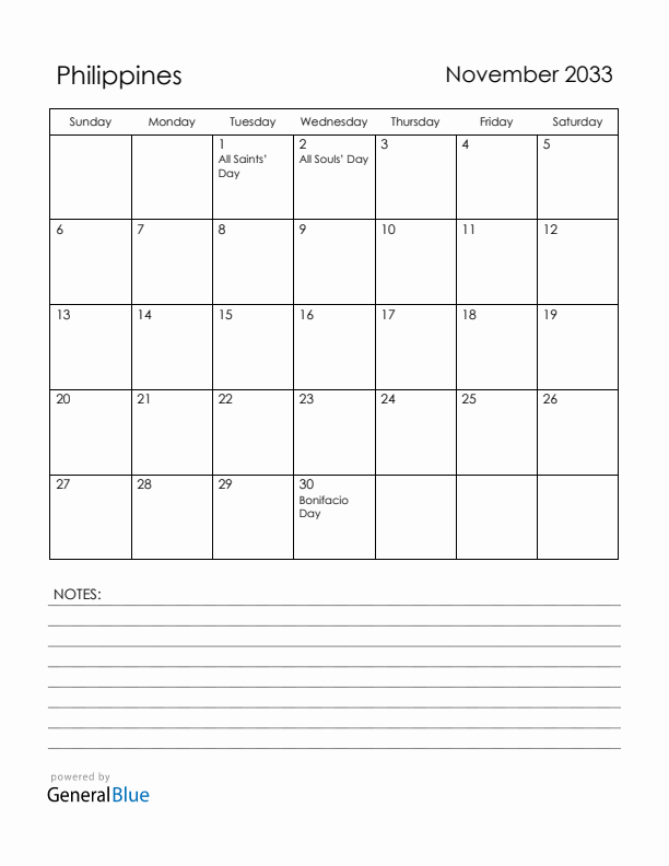 November 2033 Philippines Calendar with Holidays (Sunday Start)