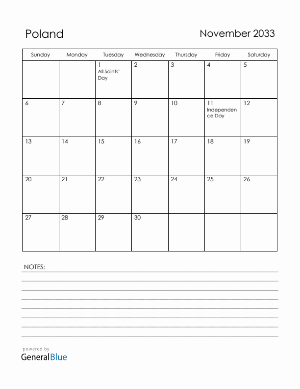 November 2033 Poland Calendar with Holidays (Sunday Start)