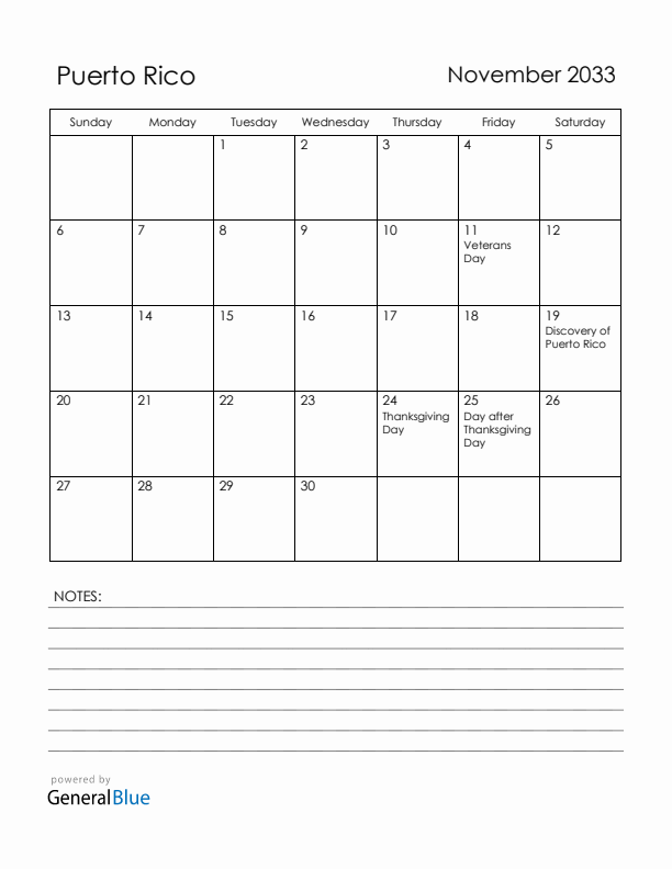 November 2033 Puerto Rico Calendar with Holidays (Sunday Start)