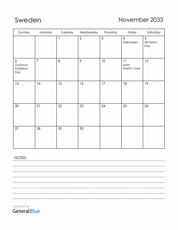 November 2033 Sweden Calendar with Holidays (Sunday Start)
