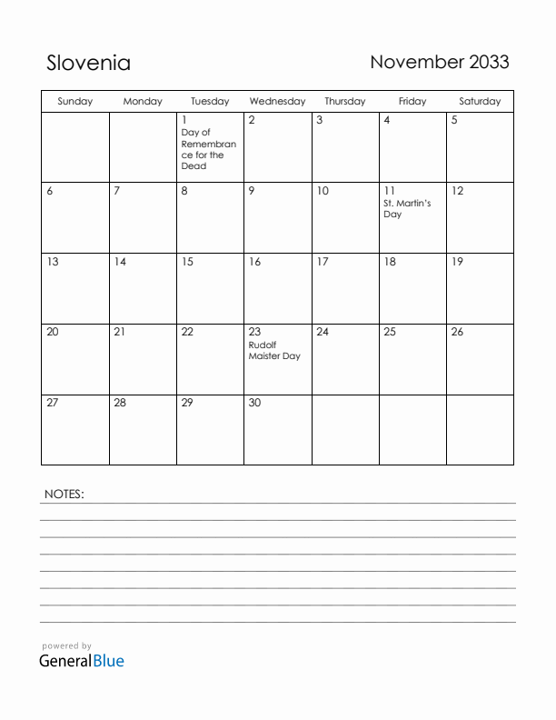 November 2033 Slovenia Calendar with Holidays (Sunday Start)