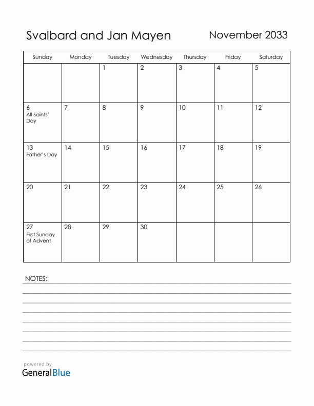 November 2033 Svalbard and Jan Mayen Calendar with Holidays (Sunday Start)