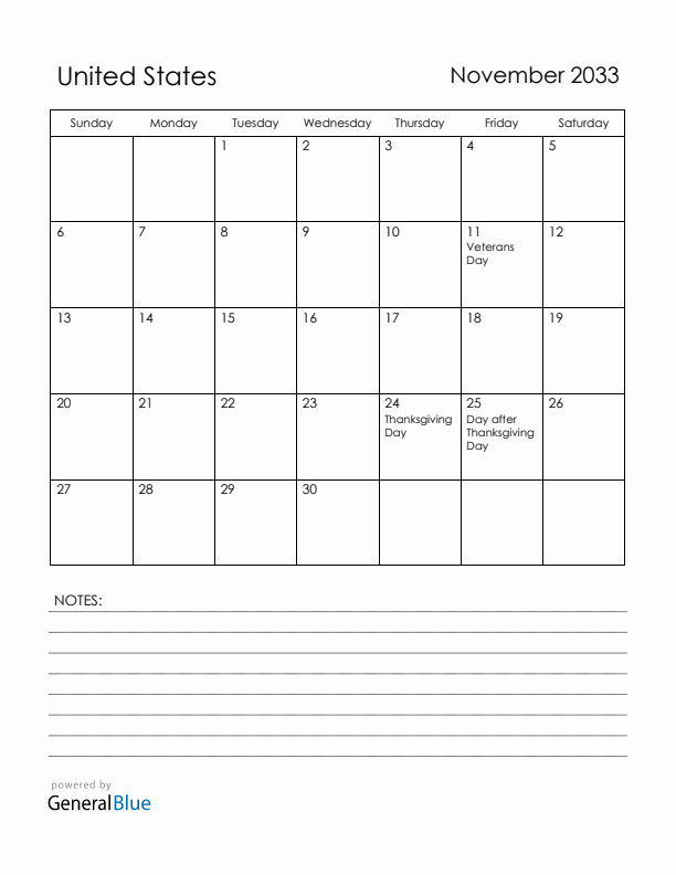 November 2033 United States Calendar with Holidays (Sunday Start)