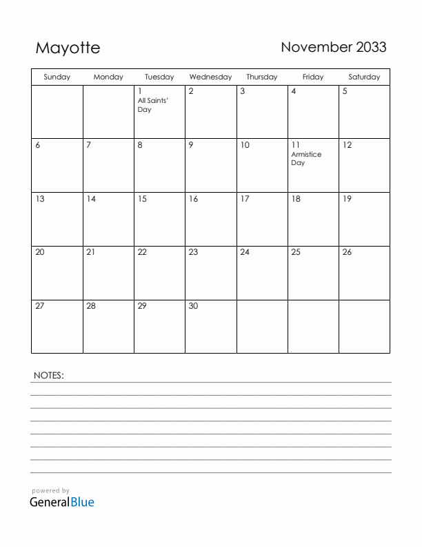 November 2033 Mayotte Calendar with Holidays (Sunday Start)