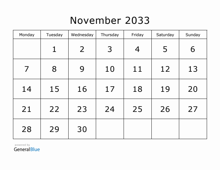 Printable November 2033 Calendar - Monday Start