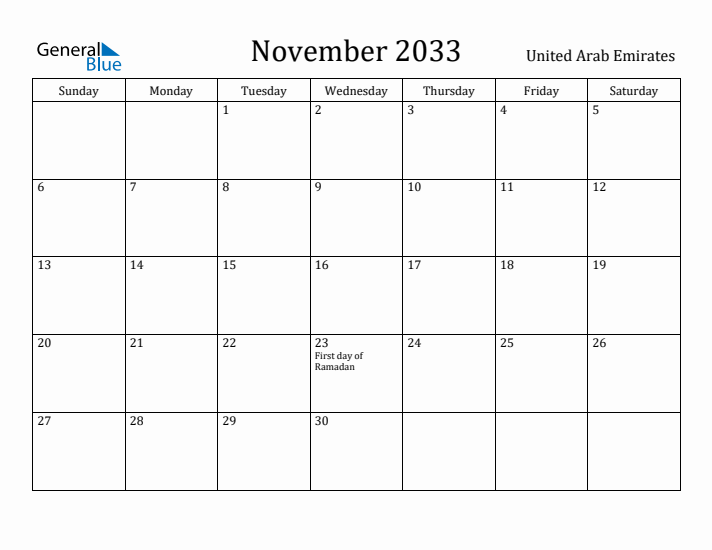 November 2033 Calendar United Arab Emirates
