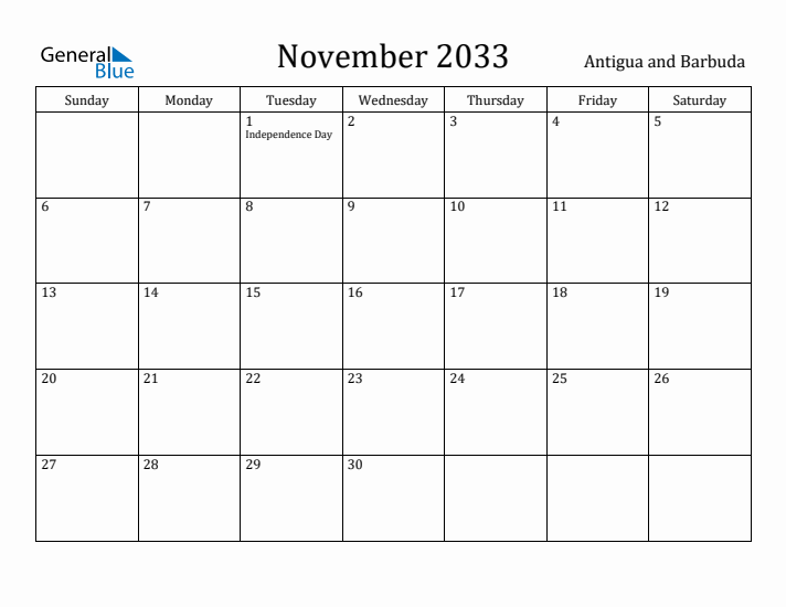 November 2033 Calendar Antigua and Barbuda