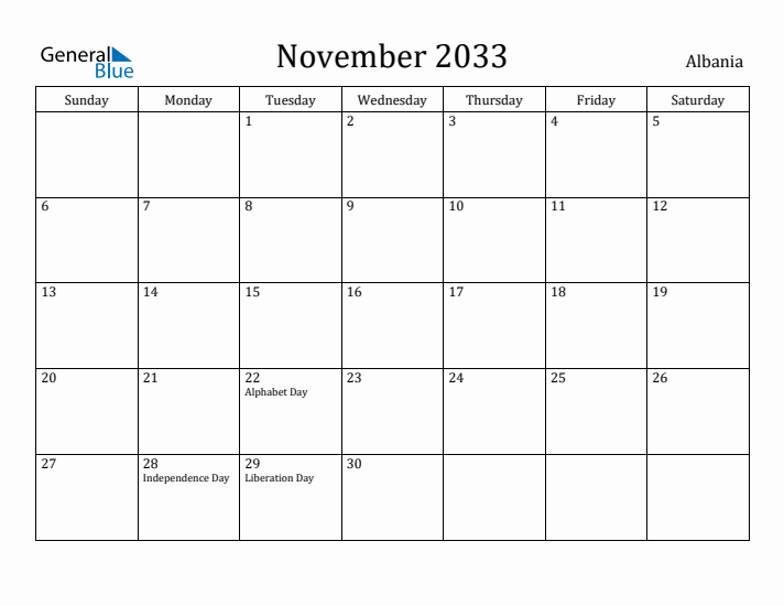 November 2033 Calendar Albania
