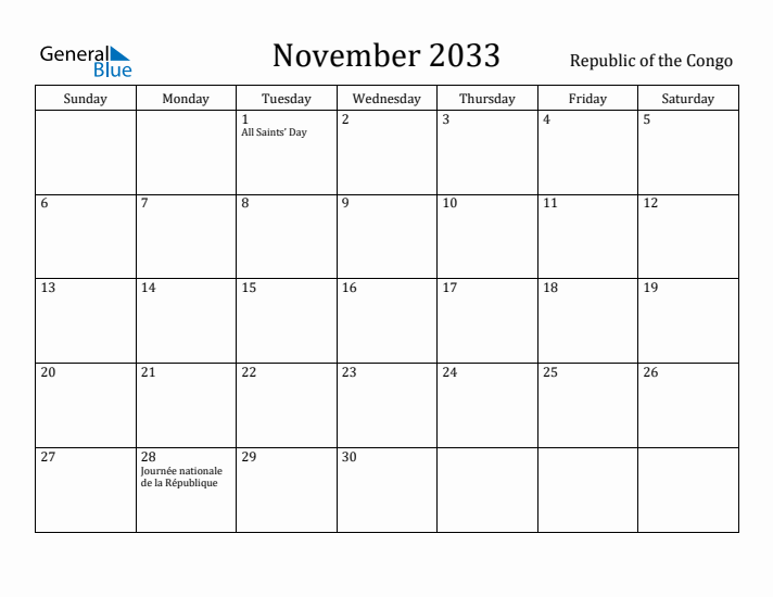 November 2033 Calendar Republic of the Congo