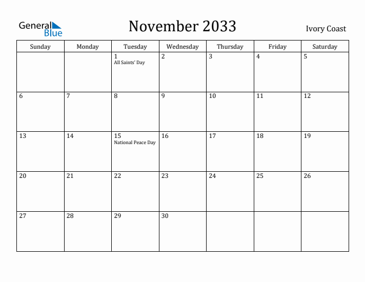 November 2033 Calendar Ivory Coast