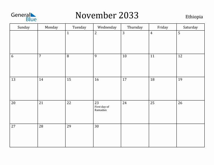 November 2033 Calendar Ethiopia