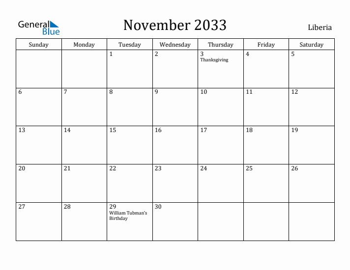 November 2033 Calendar Liberia