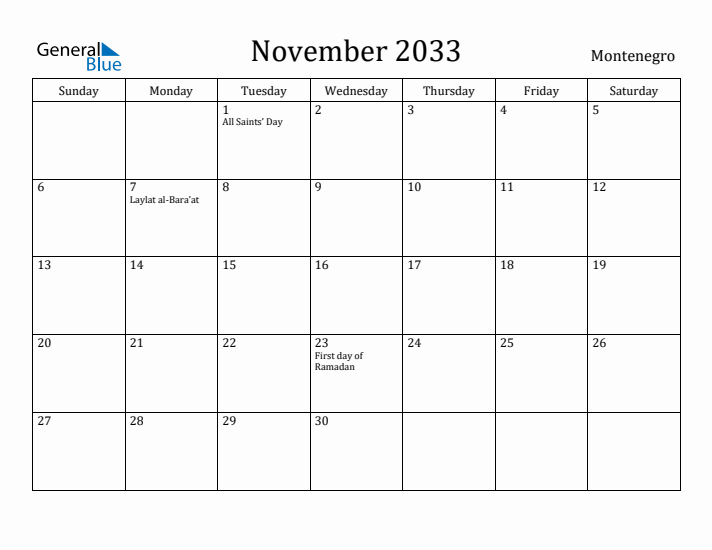 November 2033 Calendar Montenegro