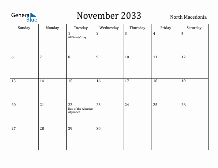 November 2033 Calendar North Macedonia