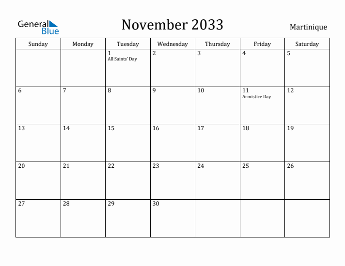 November 2033 Calendar Martinique