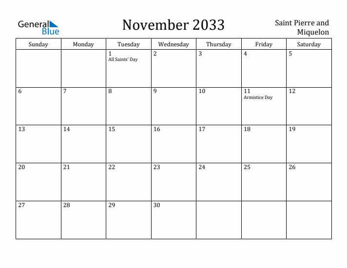 November 2033 Calendar Saint Pierre and Miquelon